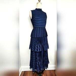 Club Monaco | Tiered Accordion Pleated Maxi Dress | Blue Grid | Size 2